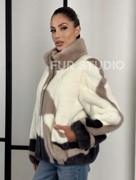 Норковый бомбер на молнии стойка воротник - фото 6