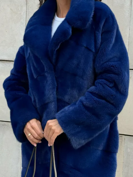 Синяя шуба из аукционного меха норки - английский воротник - фото 2