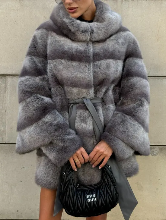 Норковая шуба с рукавом трансформер, капюшон - цвет PLATINUM (СЕРЫЙ) - фото 6