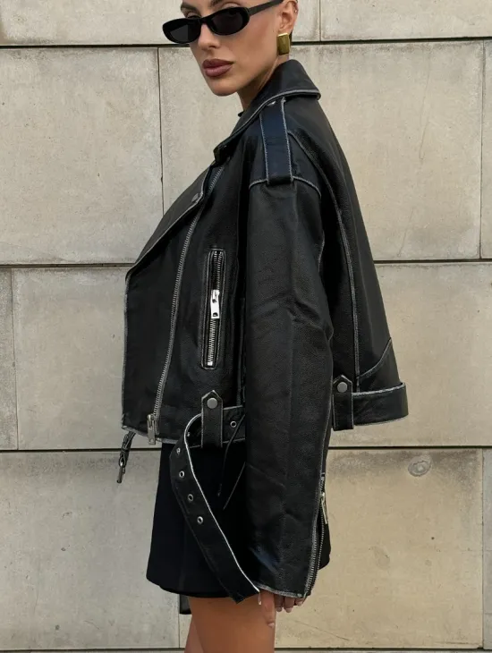 Куртка-косуха из натуральной кожи «Vintage»  со шнуровкой - цвет черный - фото 9