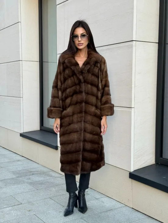 Шуба натуральная из меха норки английский воротник - цвет соболь - фото 9