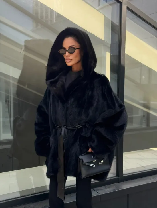 Шуба норковая натуральная с капюшоном кобра - накладные карманы - фото 10