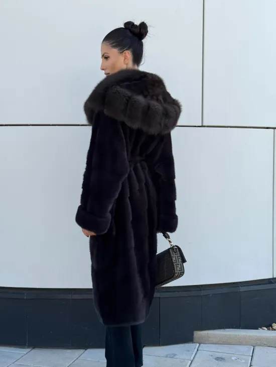 Шуба норковая с капюшоном из меха куница - цвет уголь - фото 11