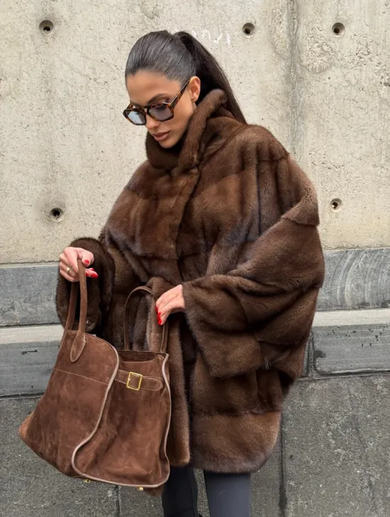 Полушубок из меха норки Brown Velvet, английский воротник фасон - летучая мышь - фото 6