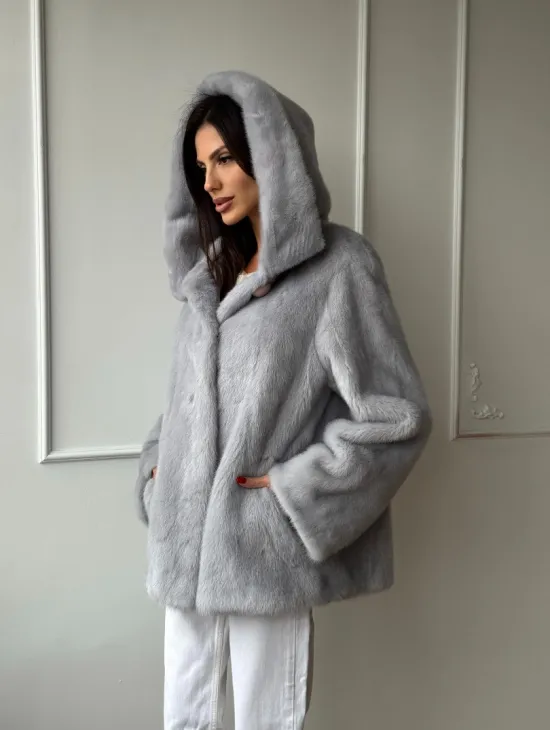 Женский норковый полушубок автоледи с капюшоном из голубой норки - фото 6