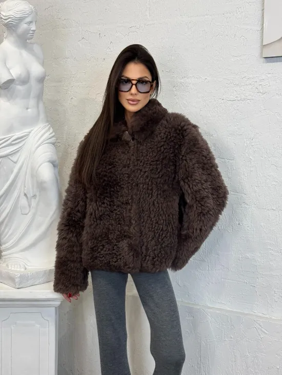 Полушубок - куртка женская из натуральной овчины с воротником апаш - фото 7