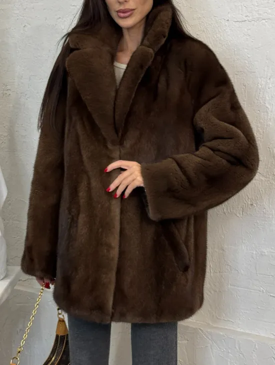 Женский жакет - полушубок Oversize из плюшевой норки Velvet английский воротник - фото 2