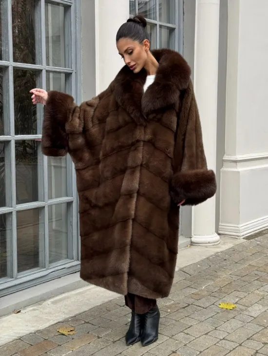 Норковая шуба пальто стиль «Бохо» с воротником и рукавами из меха песца - цвет орех - фото 8