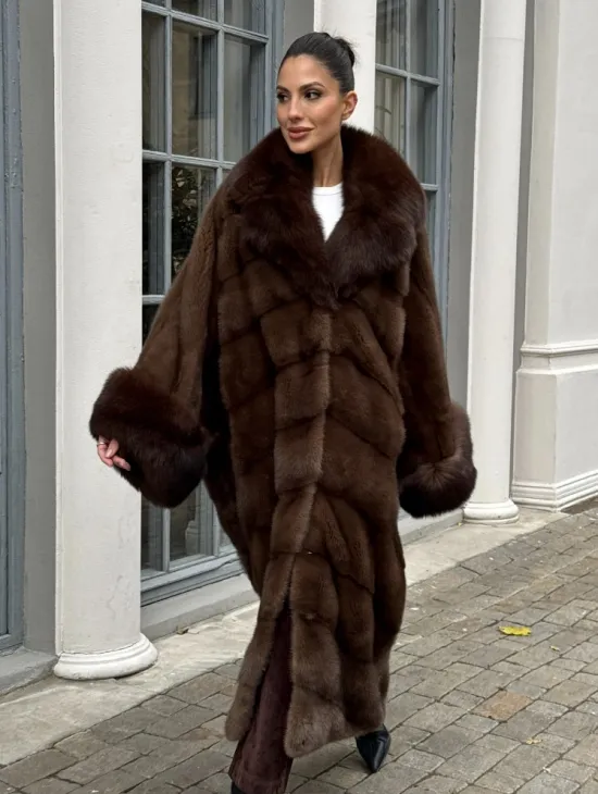 Норковая шуба пальто стиль «Бохо» с воротником и рукавами из меха песца - цвет орех - фото 6