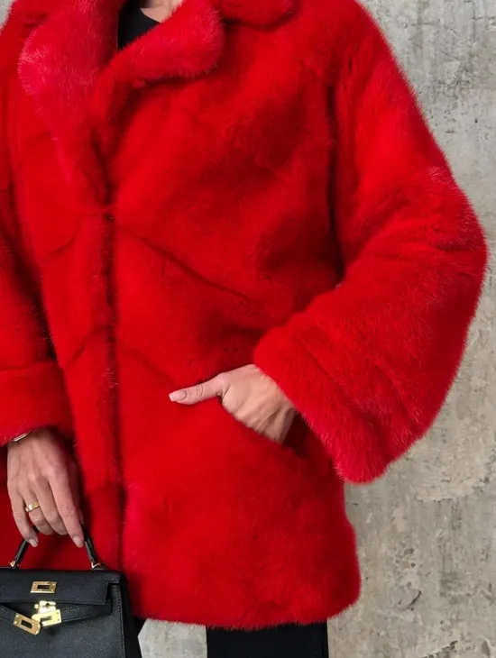 Красный полушубок из натурального меха норки - фото 1