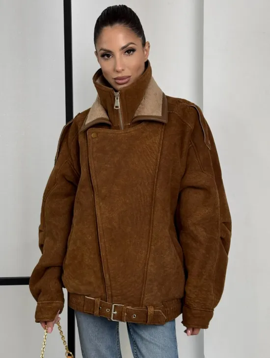 Зимняя натуральная замшевая куртка - дубленка с лацканами - фото 7