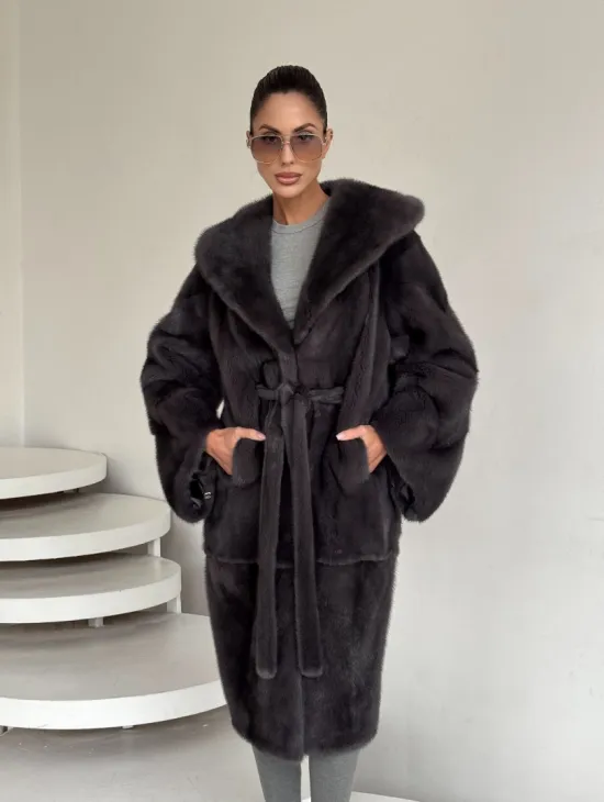 Зимняя норковая шуба с капюшоном - цвет графит - фото 8