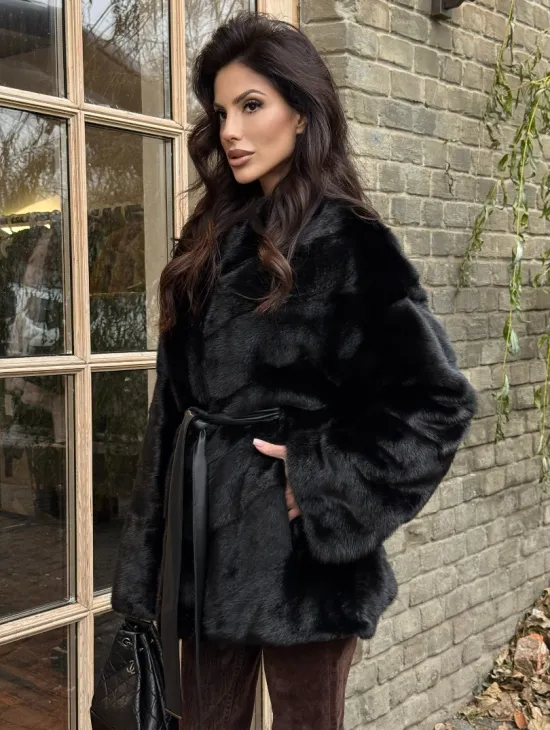Черный норковый полушубок с воротником V-образным - фото 4