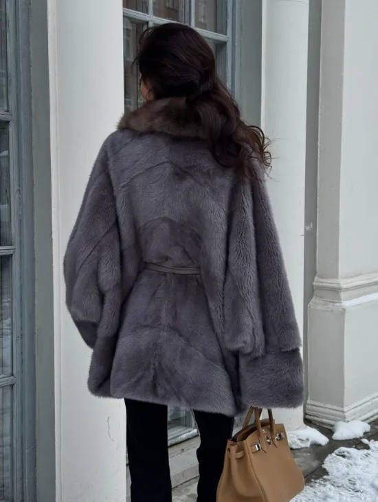 Полушубок летучая мышь из норки с воротником из куницы - цвет графит - фото 4