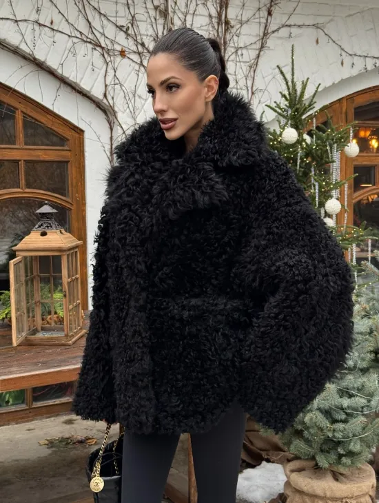 Черная короткая шуба - дубленка из испанской овчины «Тиградо» - фото 6