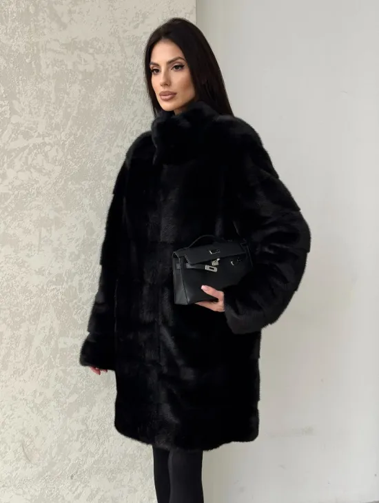 Норковая шуба в черном цвете воротник стойка - фото 5