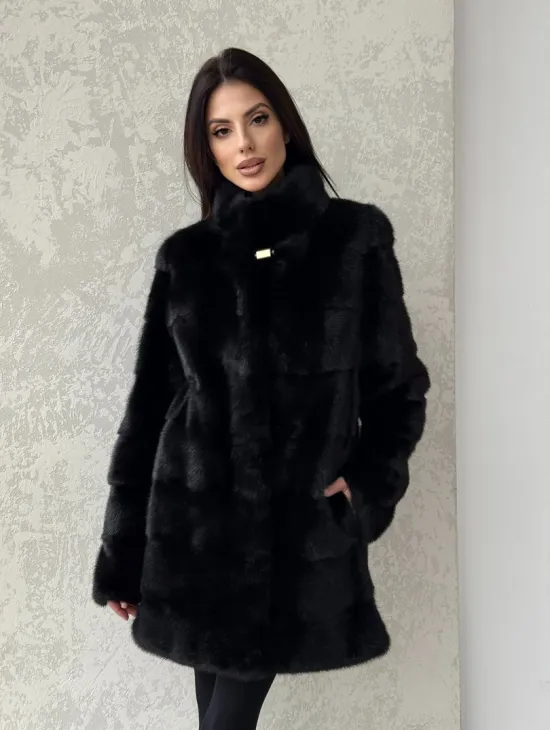 Норковая шуба средней длины стойка воротник - цвет черный - фото 7