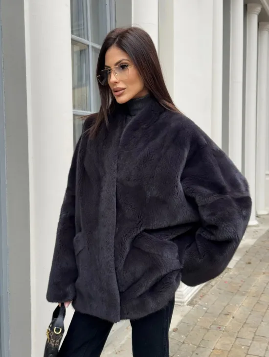 Графитовый норковый жакет с V-образным воротником - фото 8
