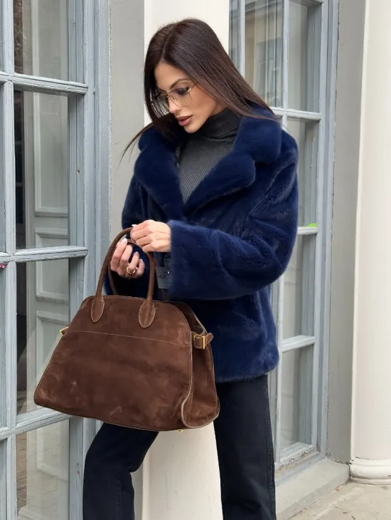 Синий норковый полушубок с английским воротником - фото 2