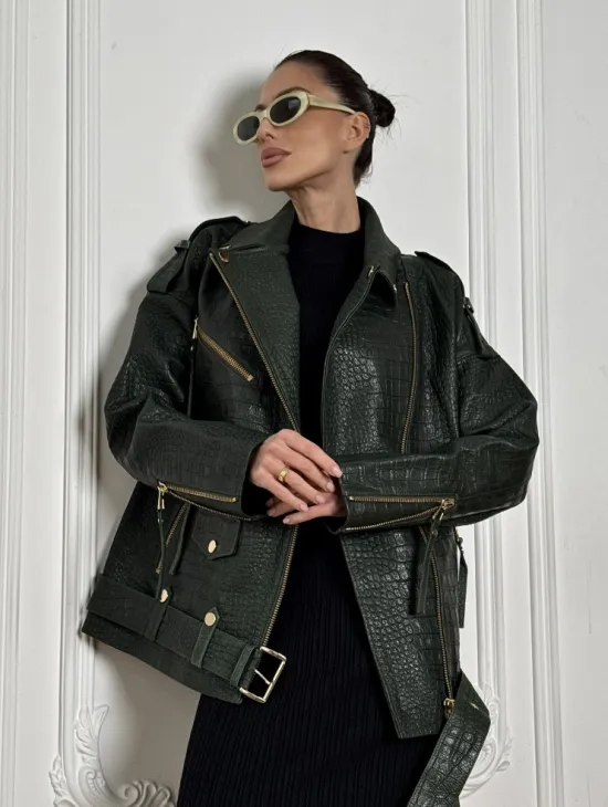 Куртка - косуха из натуральной кожи «CROCO» Dark green - фото 0