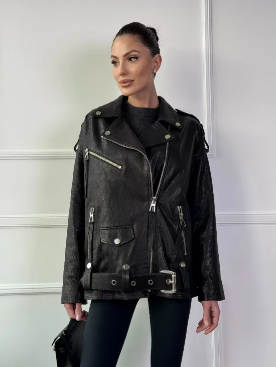 Классическая женская байкерская куртка - косуха из натуральной черной кожи Jumbo - фото 9