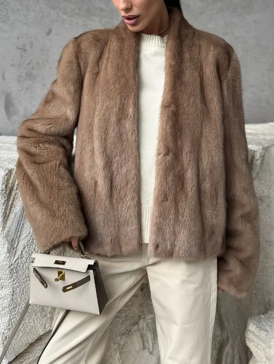 Кроп - жакет из норки Pastel с воротником V-образным 60 см - фото 4