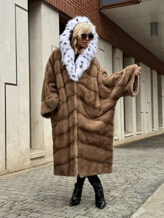 Норковая шуба больших размеров в стиле Бохо с капюшоном под рысь - фото 9