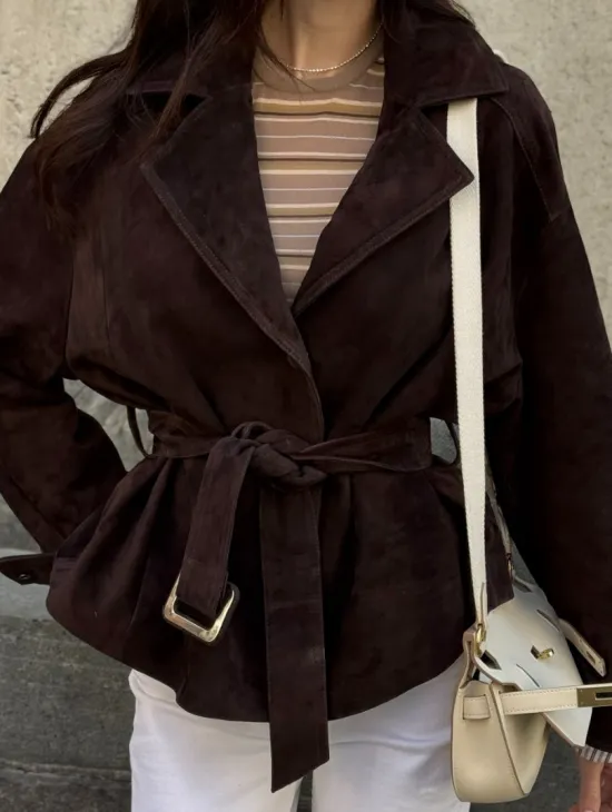 Жакет - куртка из замшевой кожи LUX с поясом - фото 2