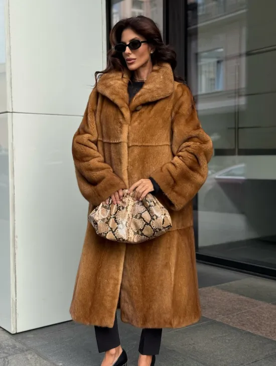Золотистая норковая шуба с воротником апаш - New 2026 - фото 9