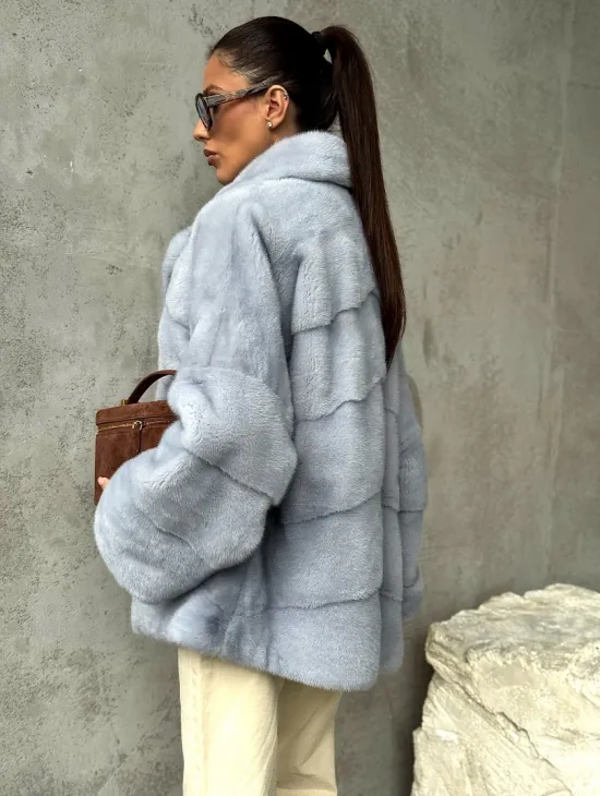 Шуба норковая кимоно автоледи - цвет голубой - фото 5