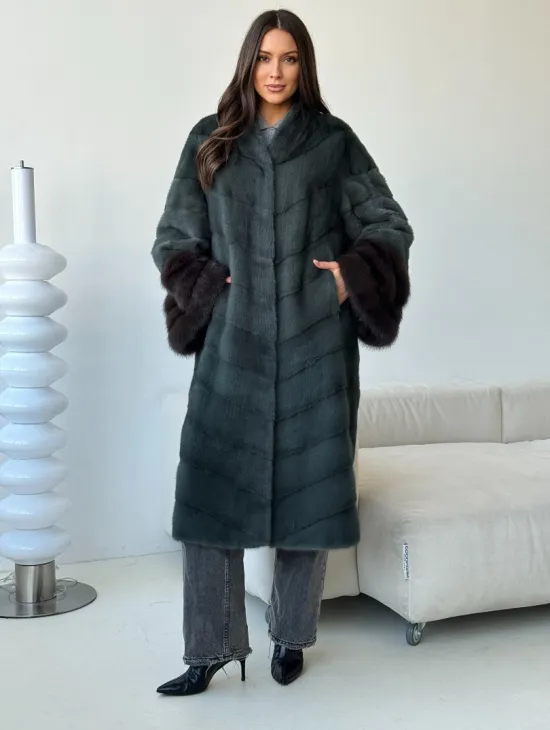 Норковая шуба с манжетами из куницы - цвет зеленый - фото 5