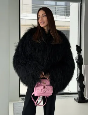 Полушубок черный из ламы - фото 13