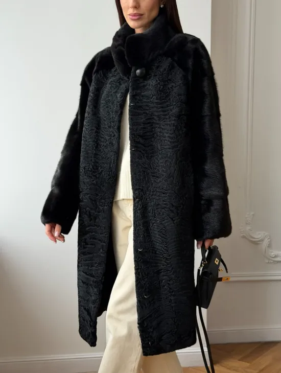 Шуба из каракуля с норкой - стойка воротник - фото 4