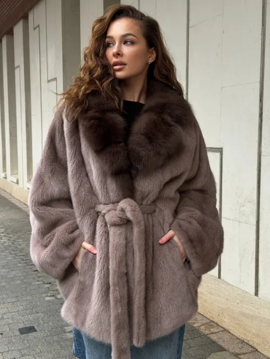Норковая шуба летучка - воротник куница - фото 5