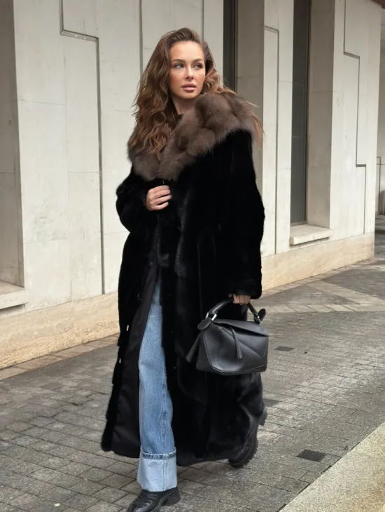 Длинная норковая шуба - кимоно с капюшоном куница - фото 11