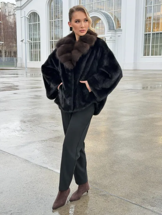 Черный норковый жакет с воротником куницы - фото 8