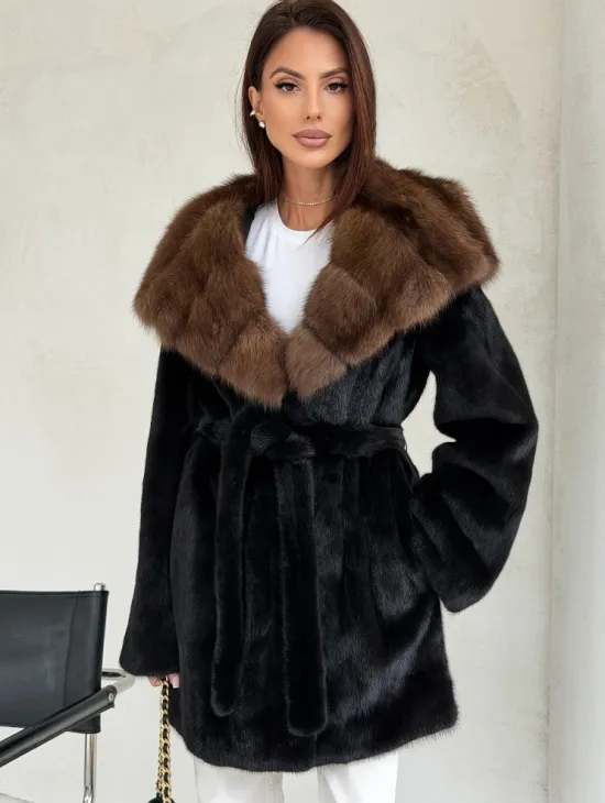 Черная шуба в роспуск с капюшоном соболь - фото 6
