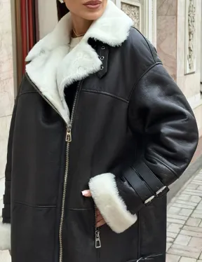 Дубленка авиатор длинная на белой овчине - фото 2