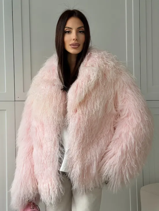 Шуба из меха ламы - цвет розовый - фото 7