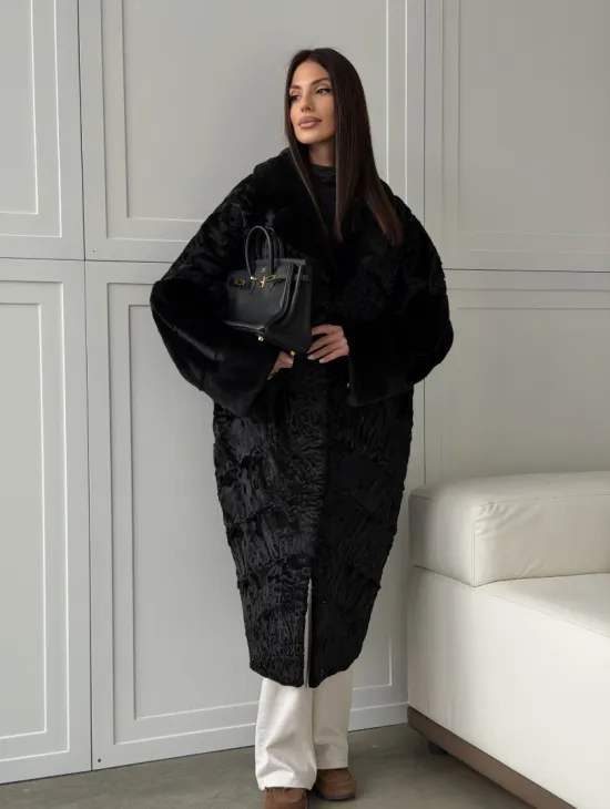 Черная шуба из каракуля с норкой - фото 15