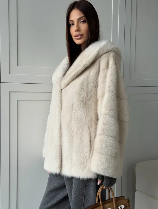 Норковый полушубок с капюшоном кобра - фото 6