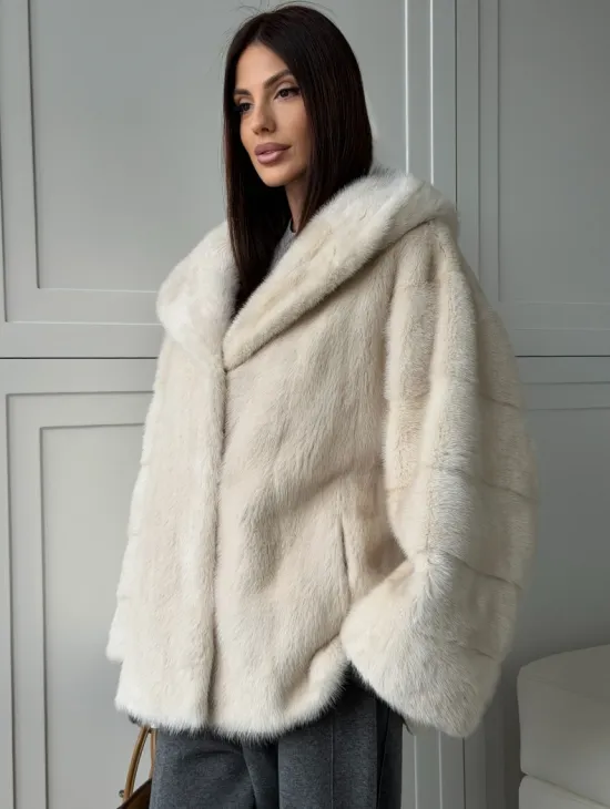 Норковый полушубок с капюшоном кобра - фото 8