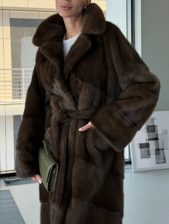 Коричневая норковая шуба - кимоно - фото 3