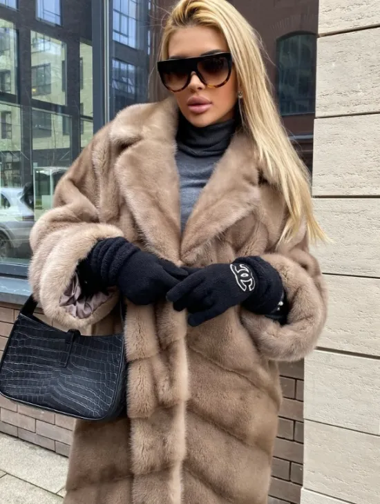 Шуба из датской норки  с английским воротником - цвет палевый - фото 1