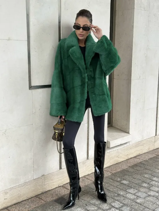 Куртка из норки с английским воротником - цвет изумруд - фото 6