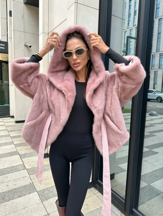 Норковый жакет с капюшоном - цвет розовый фламинго - фото 1