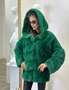Норковый полушубок с капюшоном - цвет изумруд - фото 1
