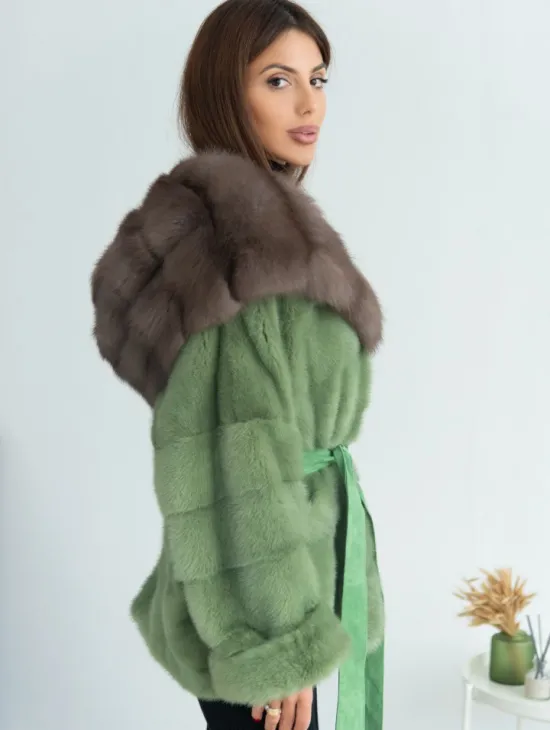 Пончо норковое с капюшоном куница - цвет оливковый - фото 2