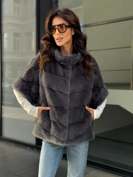 Норковый пуховик/жилет 2в1 - светлый графит - фото 5