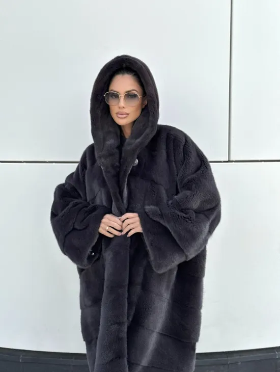 Норковая шуба паркет с капюшоном - цвет блю ирис - фото 8